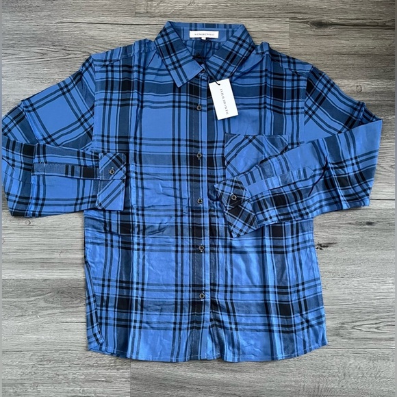 We Wore What Women's XXS/XS Boyfriend Plaid Button-Up Relaxed Shirt Blue/ Black - Picture 6 of 12